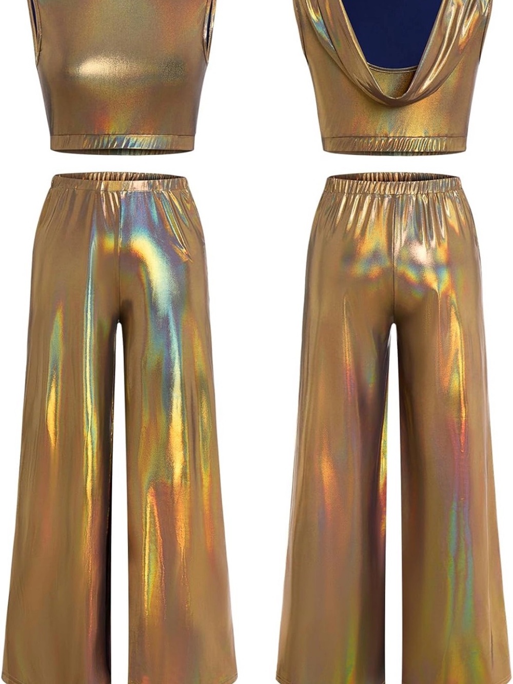 Gold Metallic Holographic Crop Top Wide Leg Pants Set NWT Size M